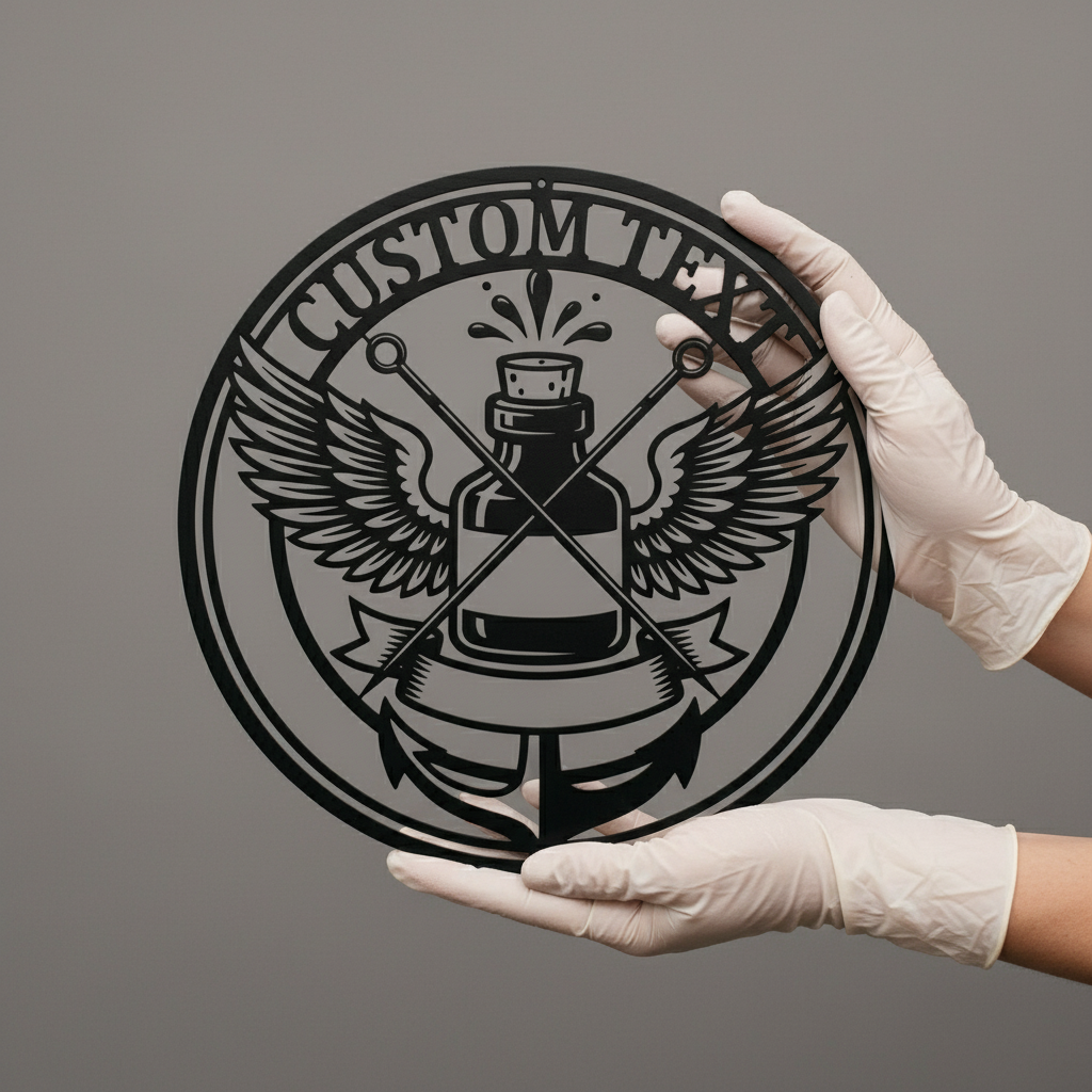 Personalisiertes rundes Tattoo Studio Schild mit Tintenflasche, Flügeln und Anker aus Stahl – Bild 7