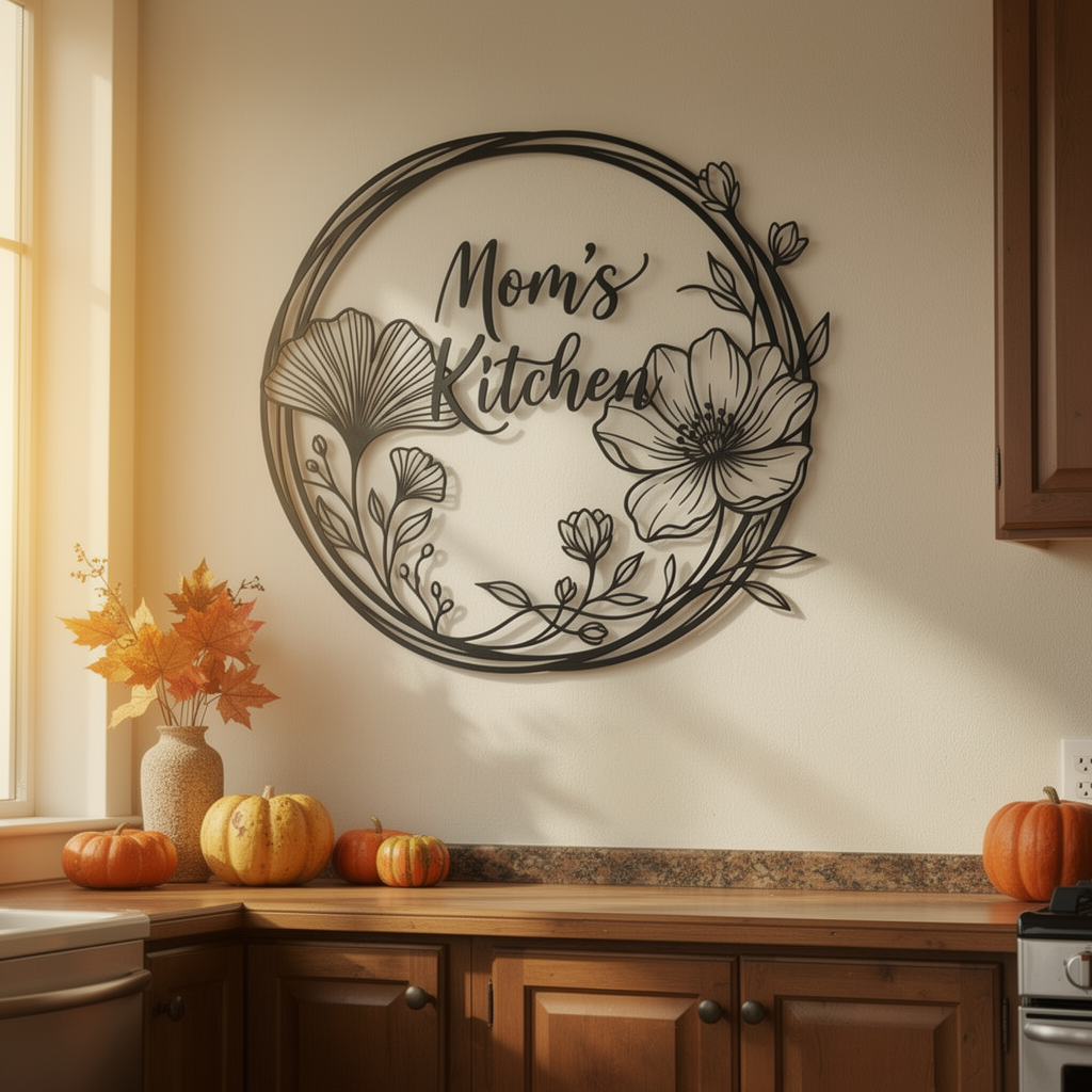 Personalisiertes rundes Familienschild mit Ginkgo- und Mohnblumenkranz aus schwarzem Stahl