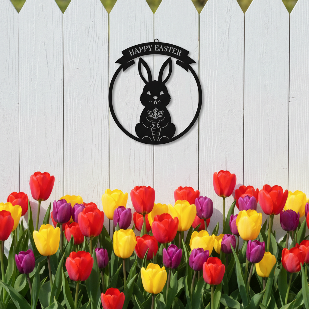 Round Happy Easter metal sign with bunny and carrot in black steel – image 8