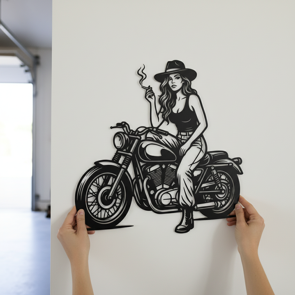 Bikerin auf Motorrad Metallschild