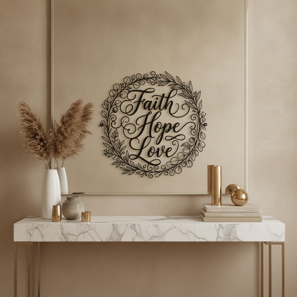 Round Faith Hope Love metal sign with delicate wreath in black steel – image 6