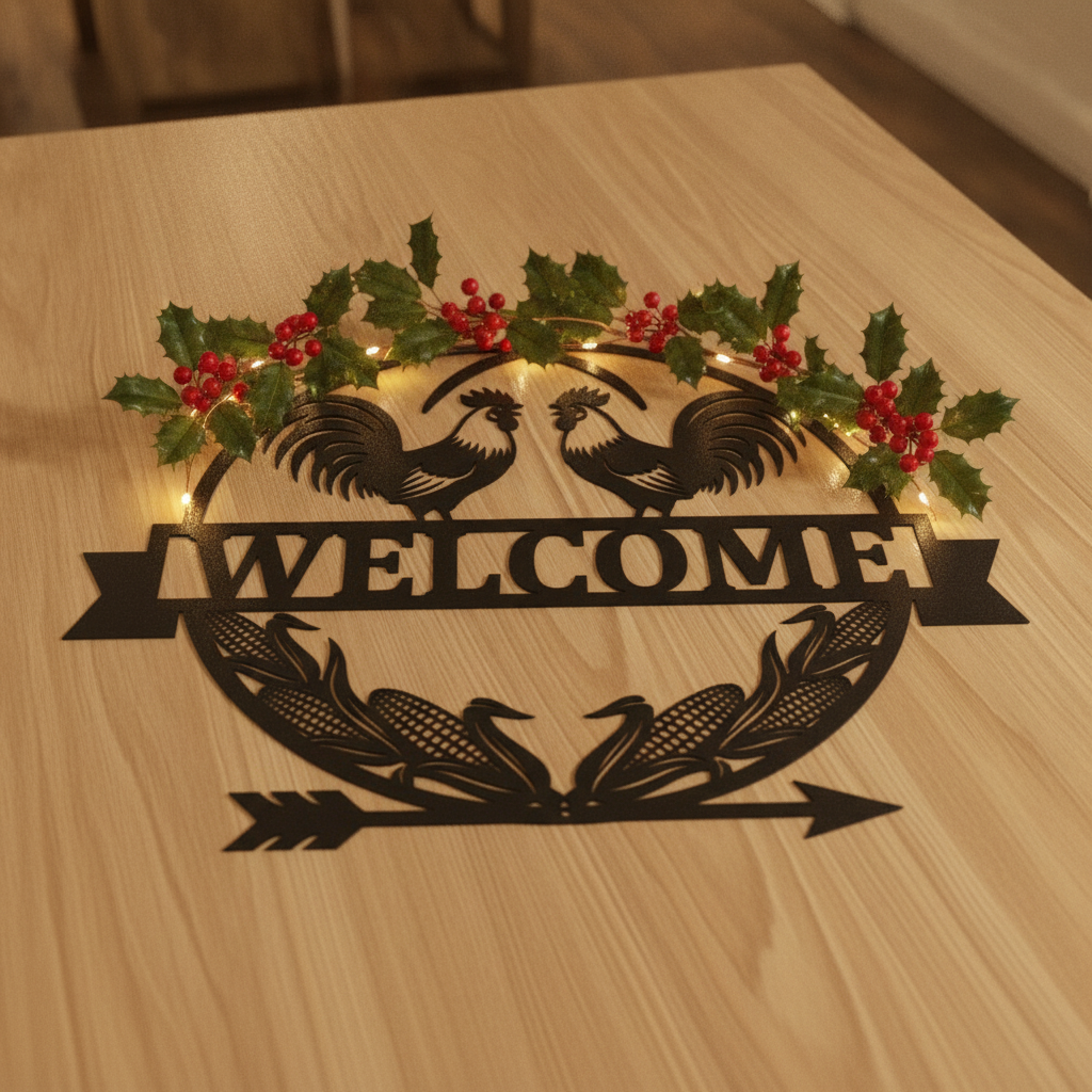 Round rooster welcome sign with corn cobs in black steel – image 10