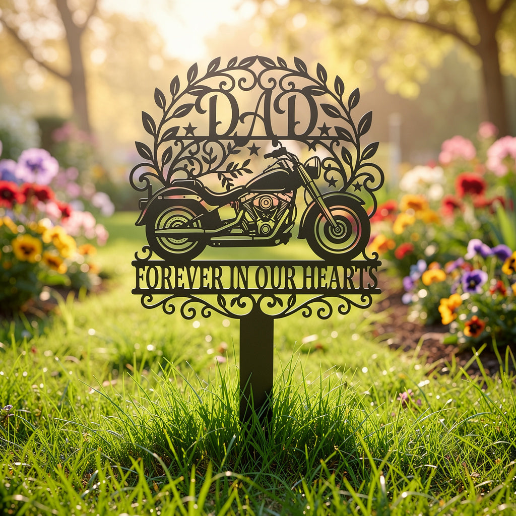 Dad motorcycle memorial garden stake in black steel for a biker father – image 4