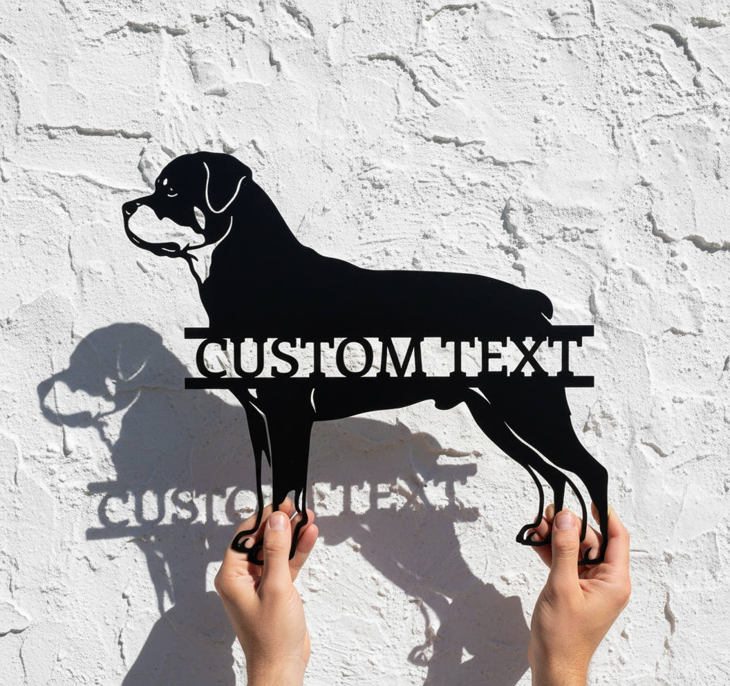 Personalized Rottweiler metal sign with dog name in black steel – image 3