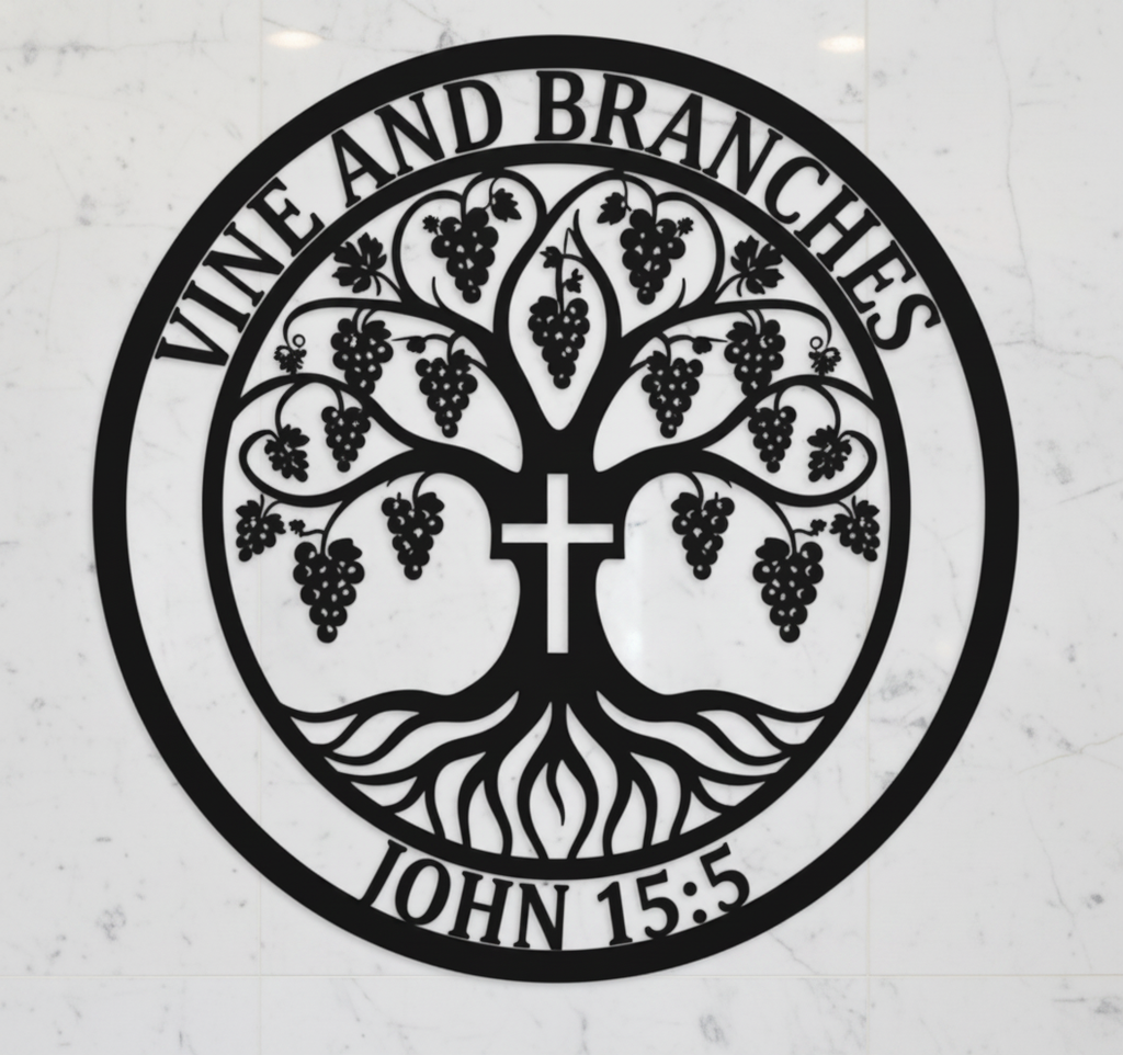 Round I am the vine John 15:5 metal sign with cross and tree in black steel – image 5