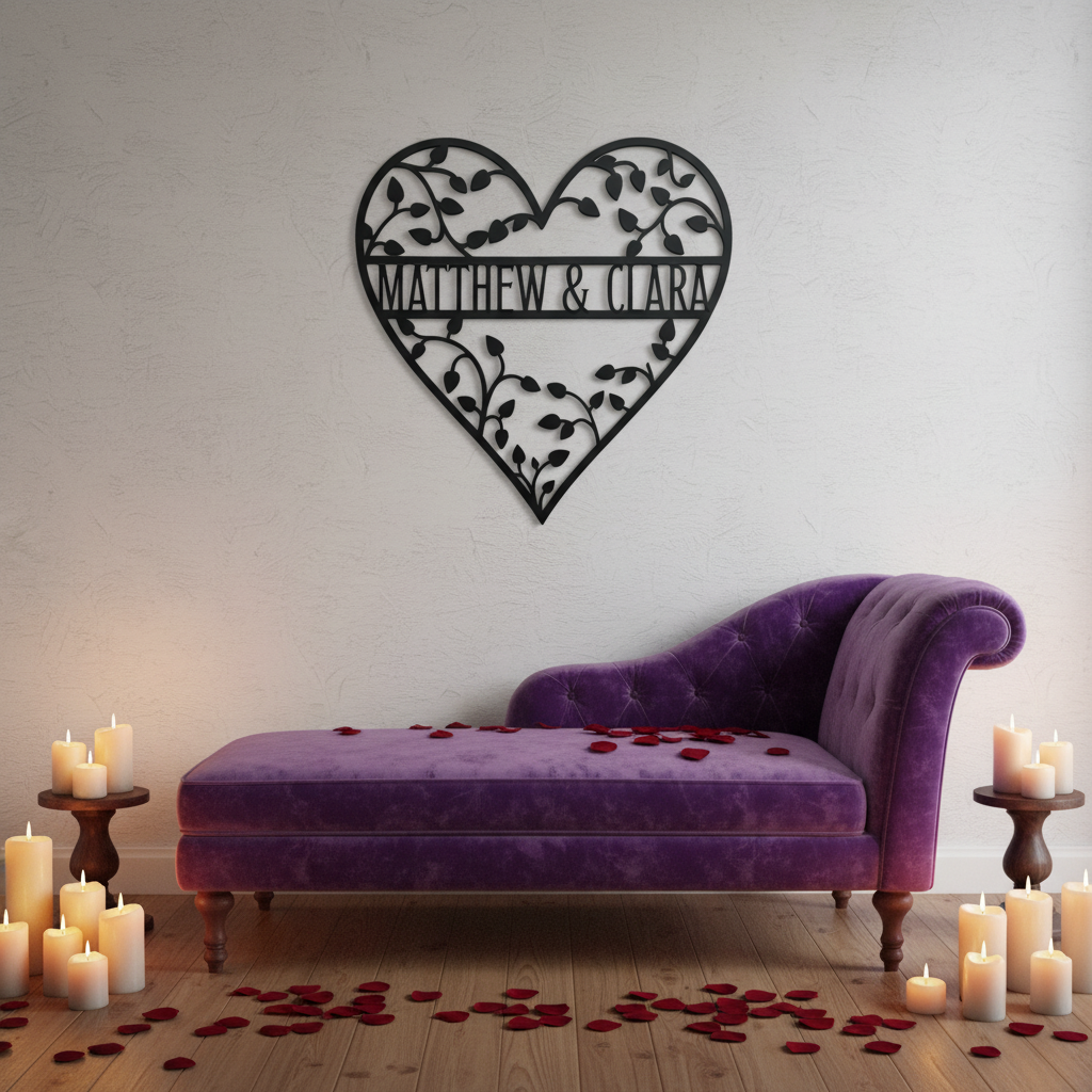 Personalized heart metal sign with leafy vines and couple names in black steel – image 7