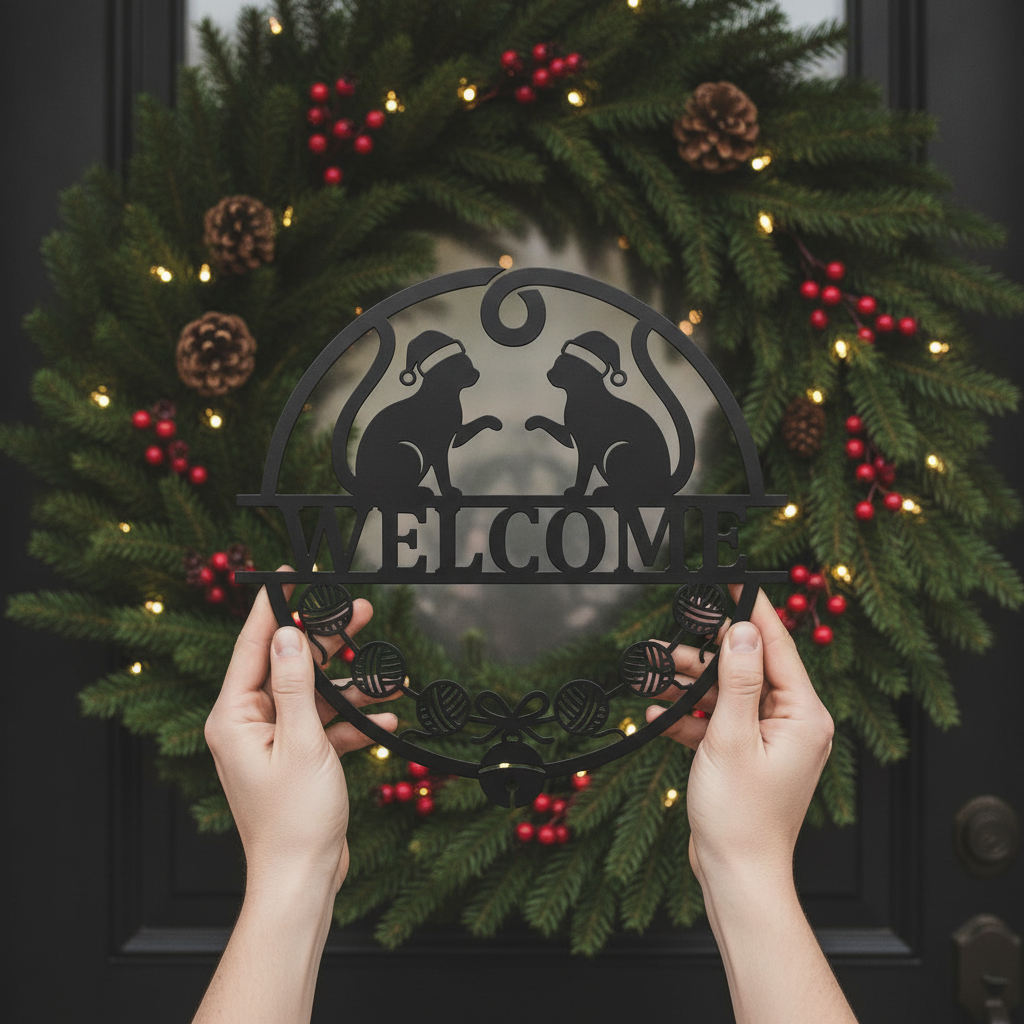 Personalisiertes Weihnachtskatze Willkommensschild mit Namen aus schwarzem Stahl – Bild 9