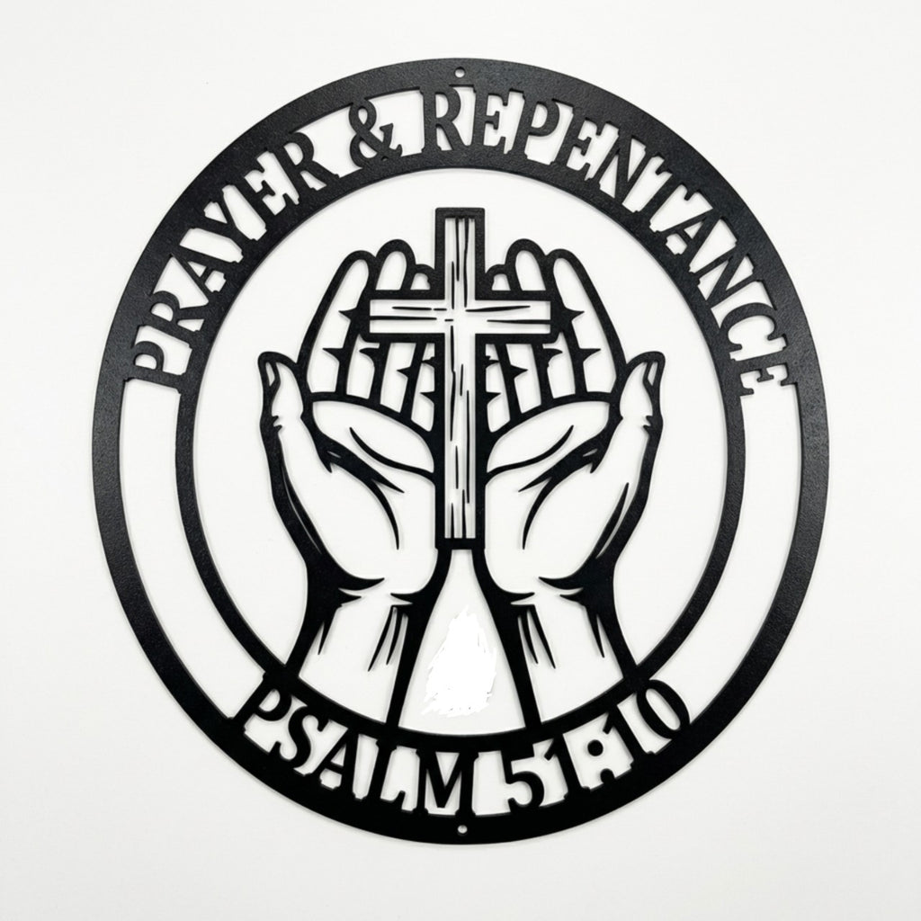 Round Psalm 51:10 metal sign with praying hands and cross in black steel – image 7