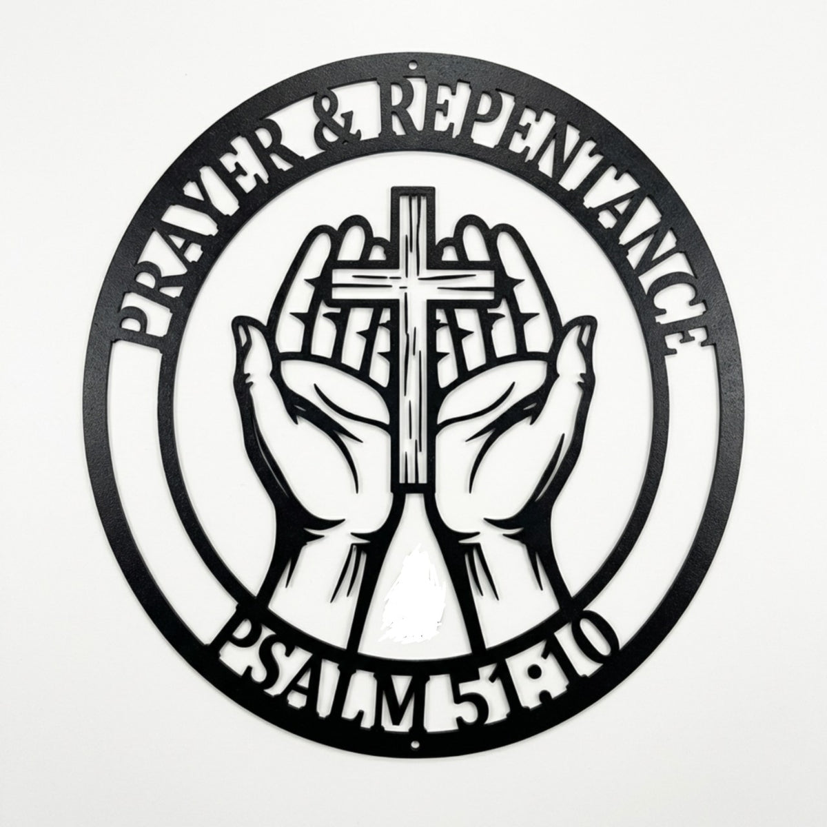 Round Psalm 51:10 metal sign with praying hands and cross in black steel – image 7