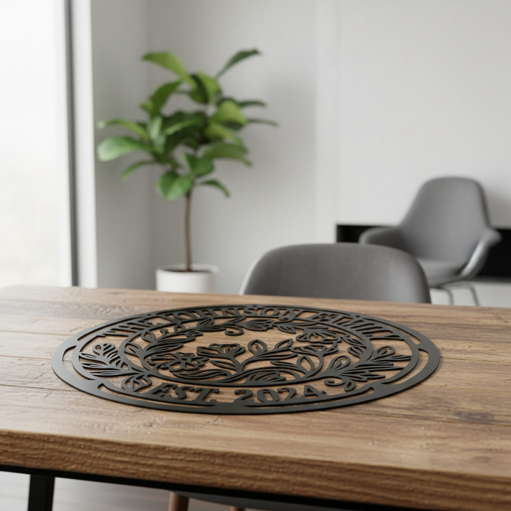 Personalisiertes rundes Familienschild mit Blumenkranz aus schwarzem Stahl – Bild 6