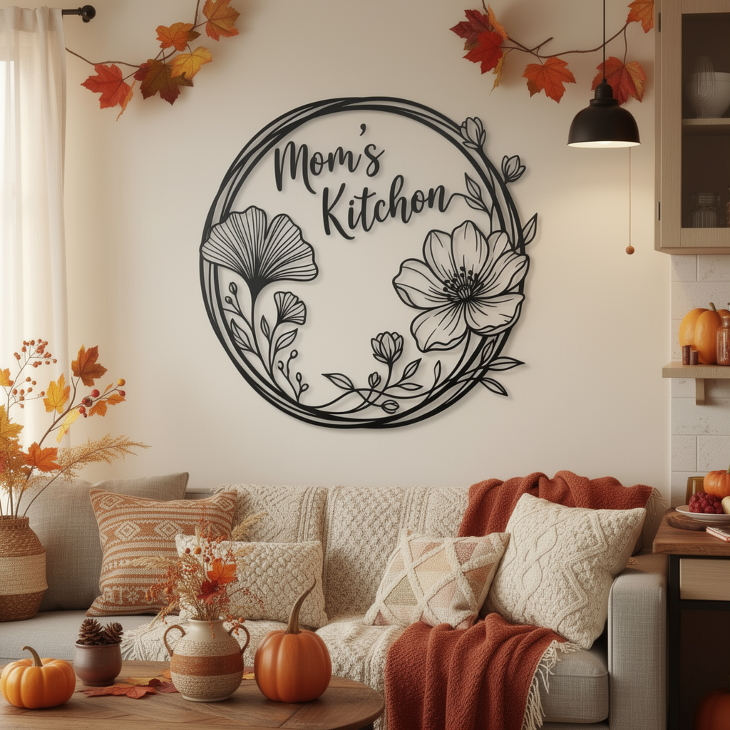 Personalisiertes rundes Familienschild mit Ginkgo- und Mohnblumenkranz aus schwarzem Stahl – Bild 6