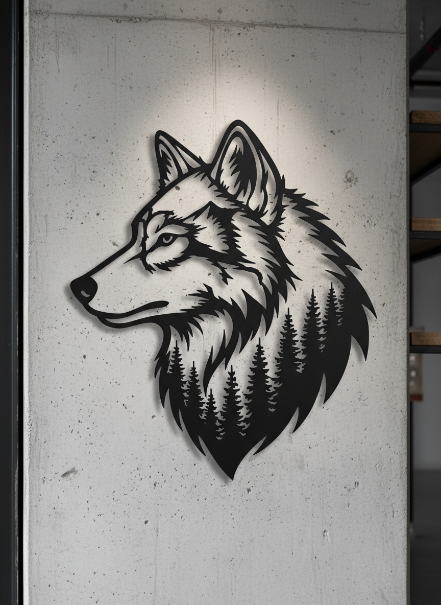 Wolfskopf mit Kiefernwald Metall Wanddeko matt schwarz – Bild 3