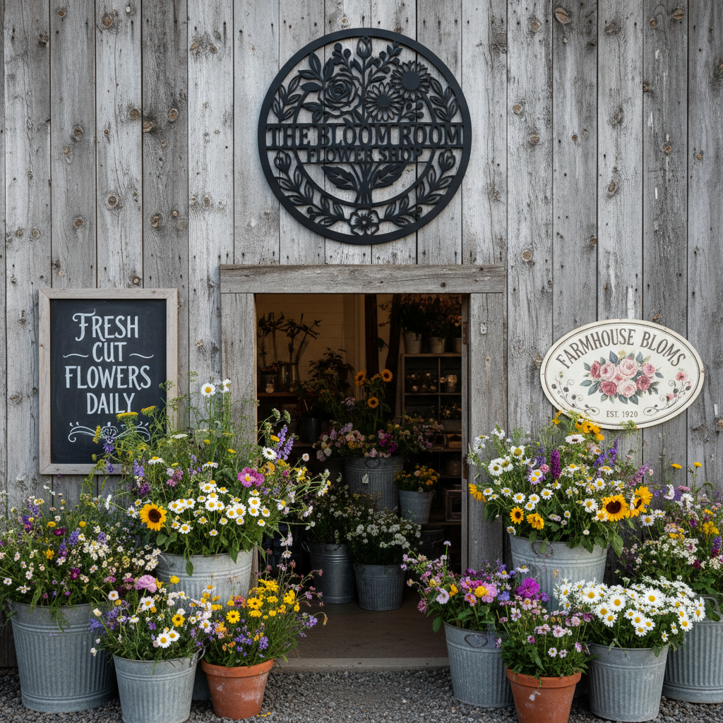 Personalized round flower shop metal sign with flowers and vines in black steel – image 5