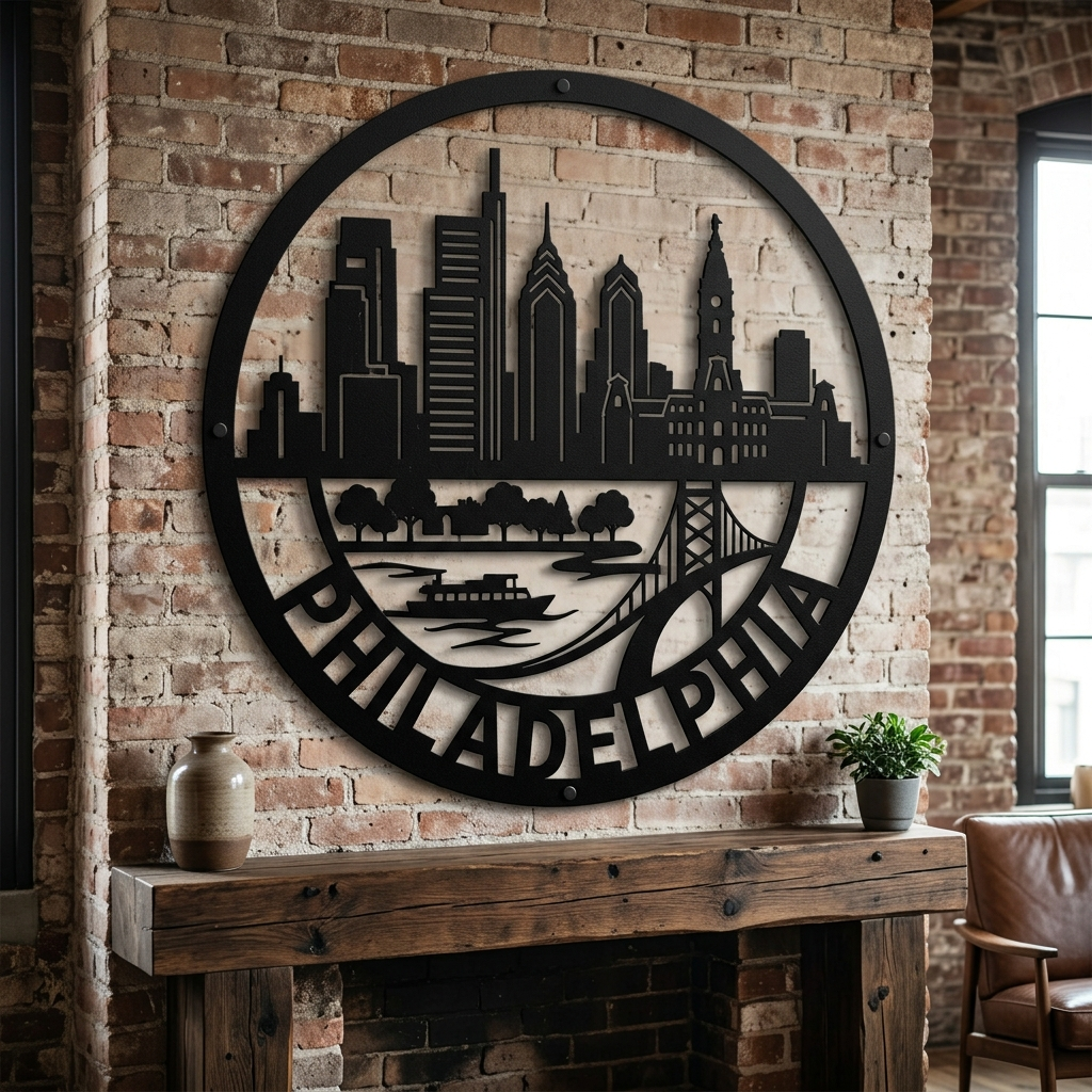 Round Philadelphia skyline metal sign with bridge in black steel