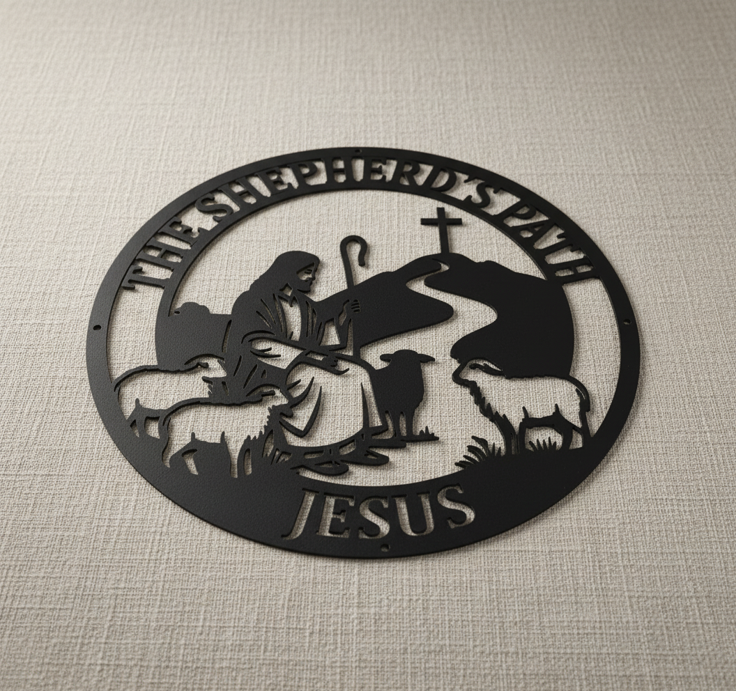 Rundes Metallschild Jesus der gute Hirte mit Lämmern und Kreuz aus schwarzem Stahl – Bild 7