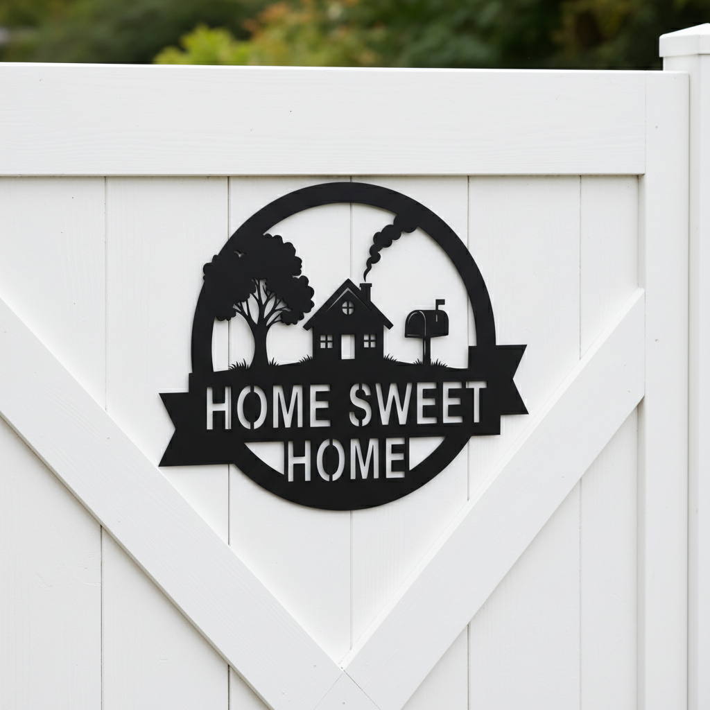 Round Home Sweet Home metal sign with house and mailbox in black steel – image 8