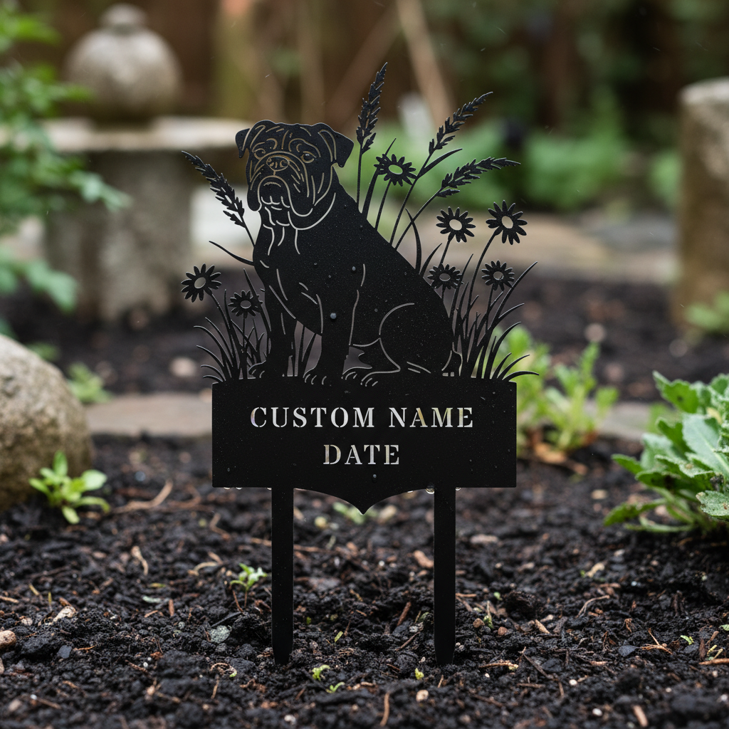 Personalized English Bulldog memorial garden stake with name and dates in black steel – image 7