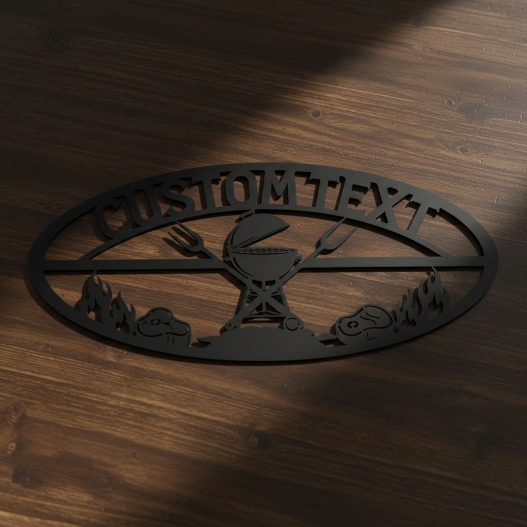 Personalized oval BBQ grill sign with steaks and name in black steel – image 8