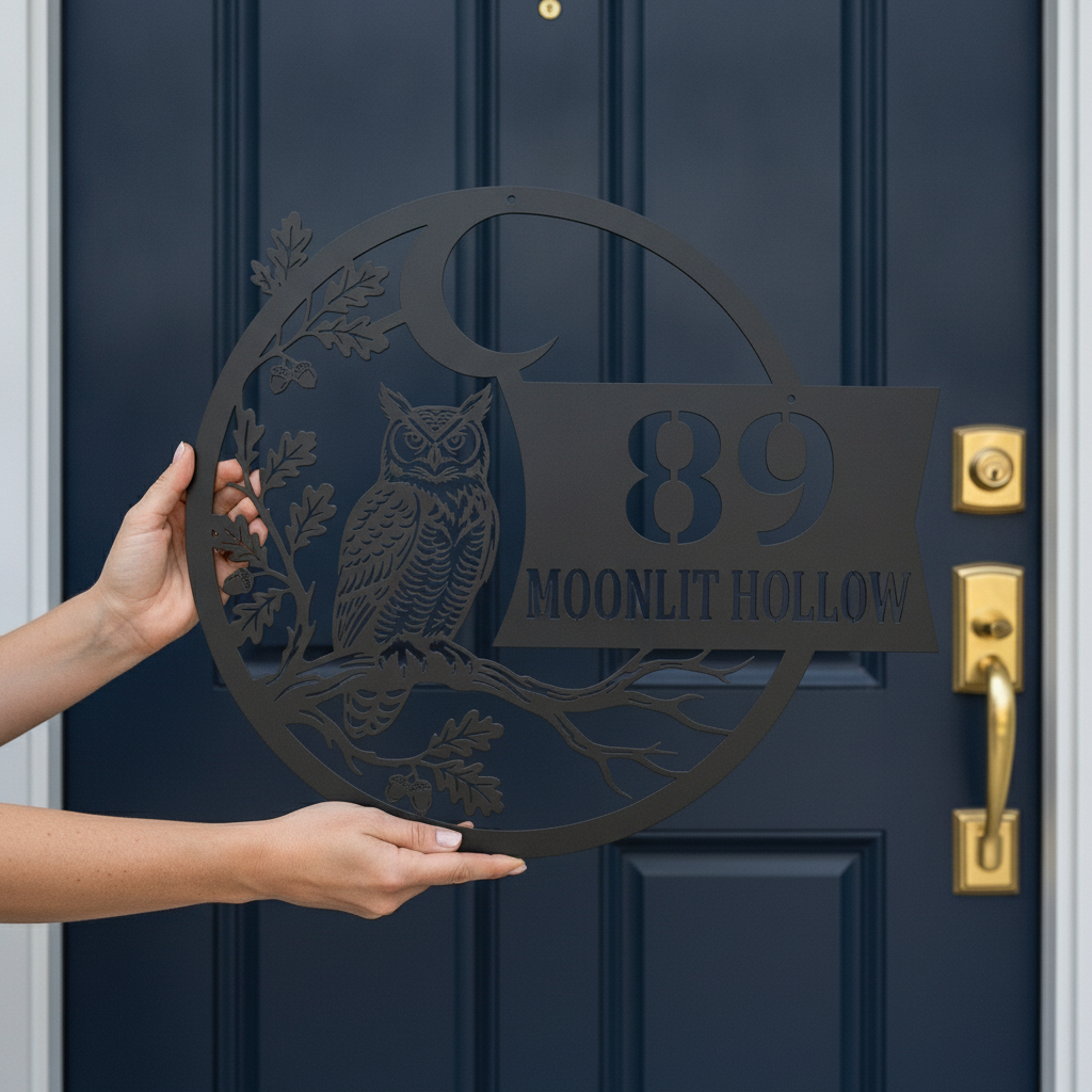 Personalized owl house number sign with crescent moon in black steel – image 4