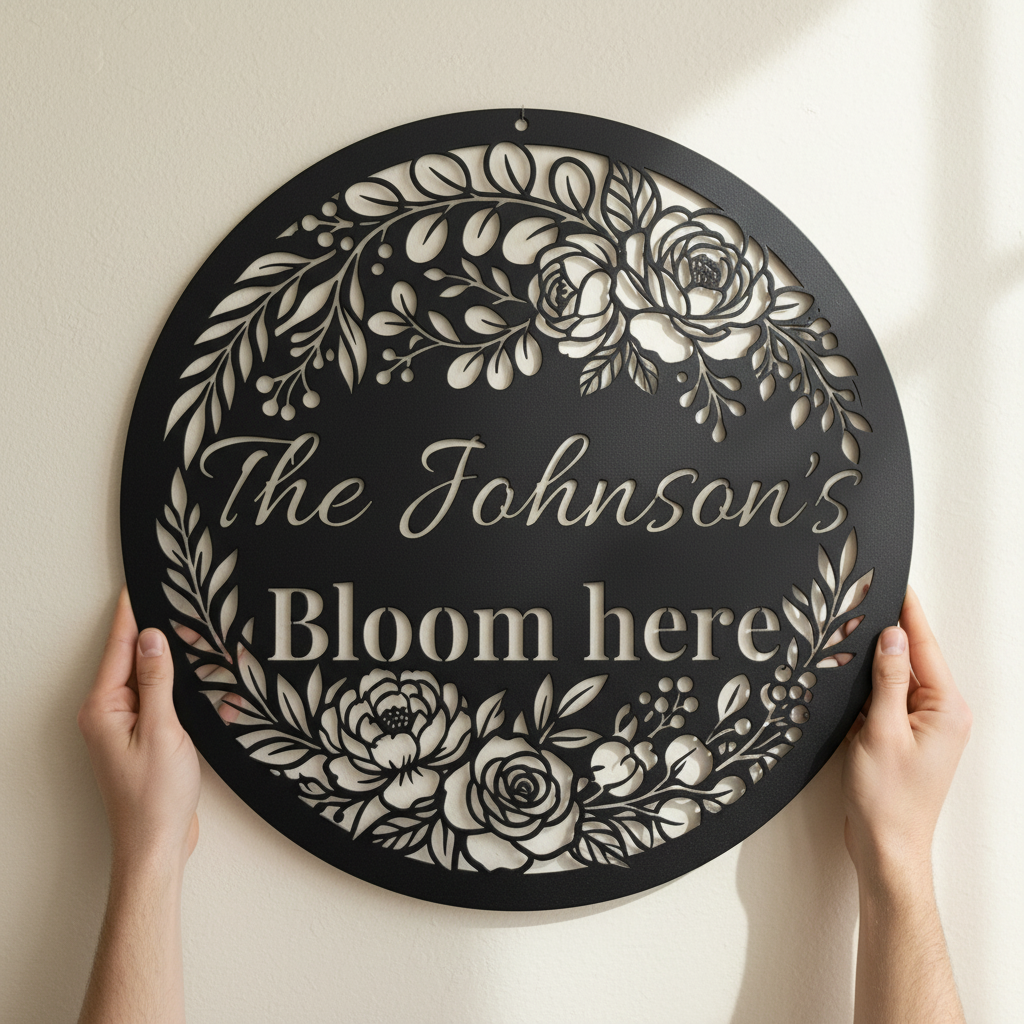 Personalisiertes Familienschild Bloom Here mit Blumen aus rundem schwarzem Stahl – Bild 4