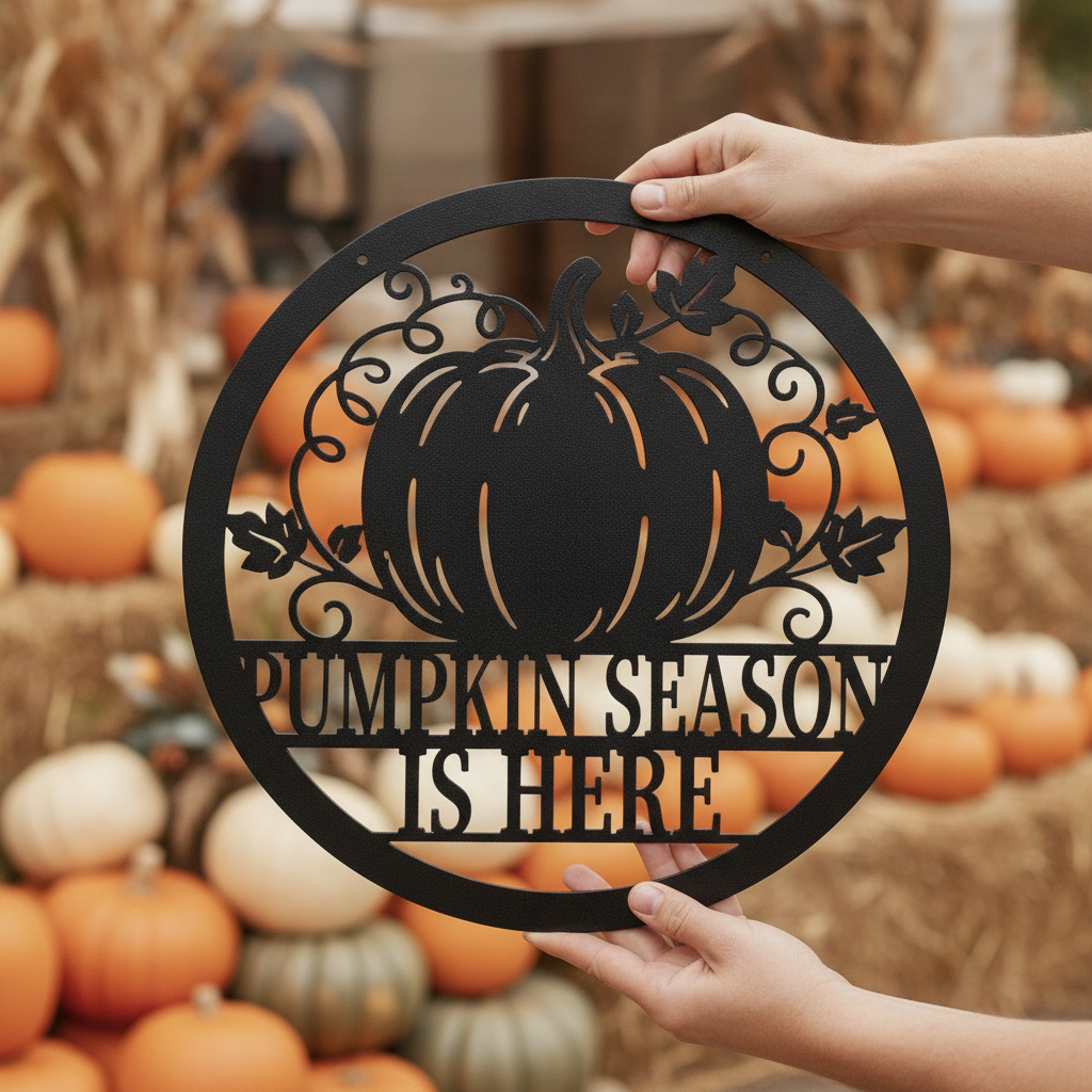 Pumpkin Season is here Kürbis mit Ranken Metallschild rund – Bild 5