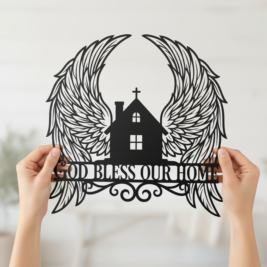 Personalized God Bless Our Home metal sign with angel wings in black steel – image 9