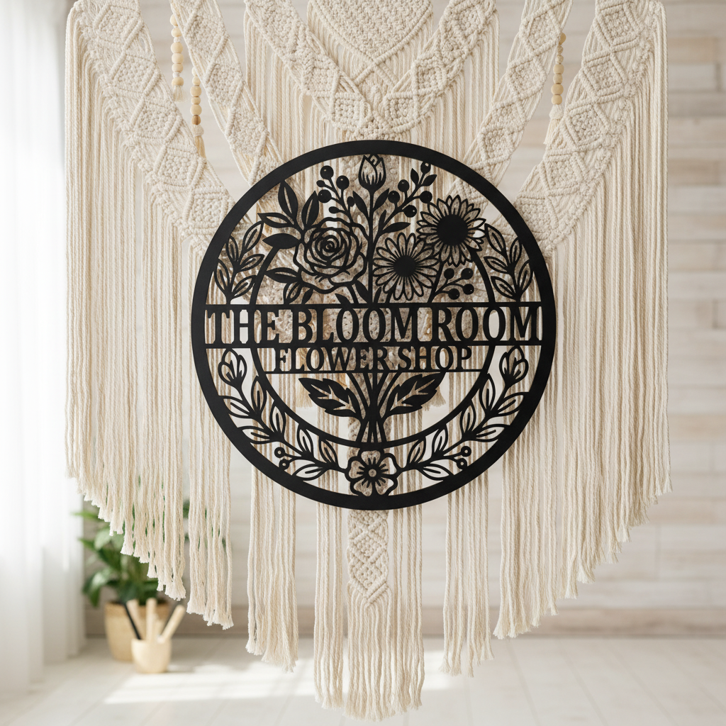 Personalized round flower shop metal sign with flowers and vines in black steel – image 6