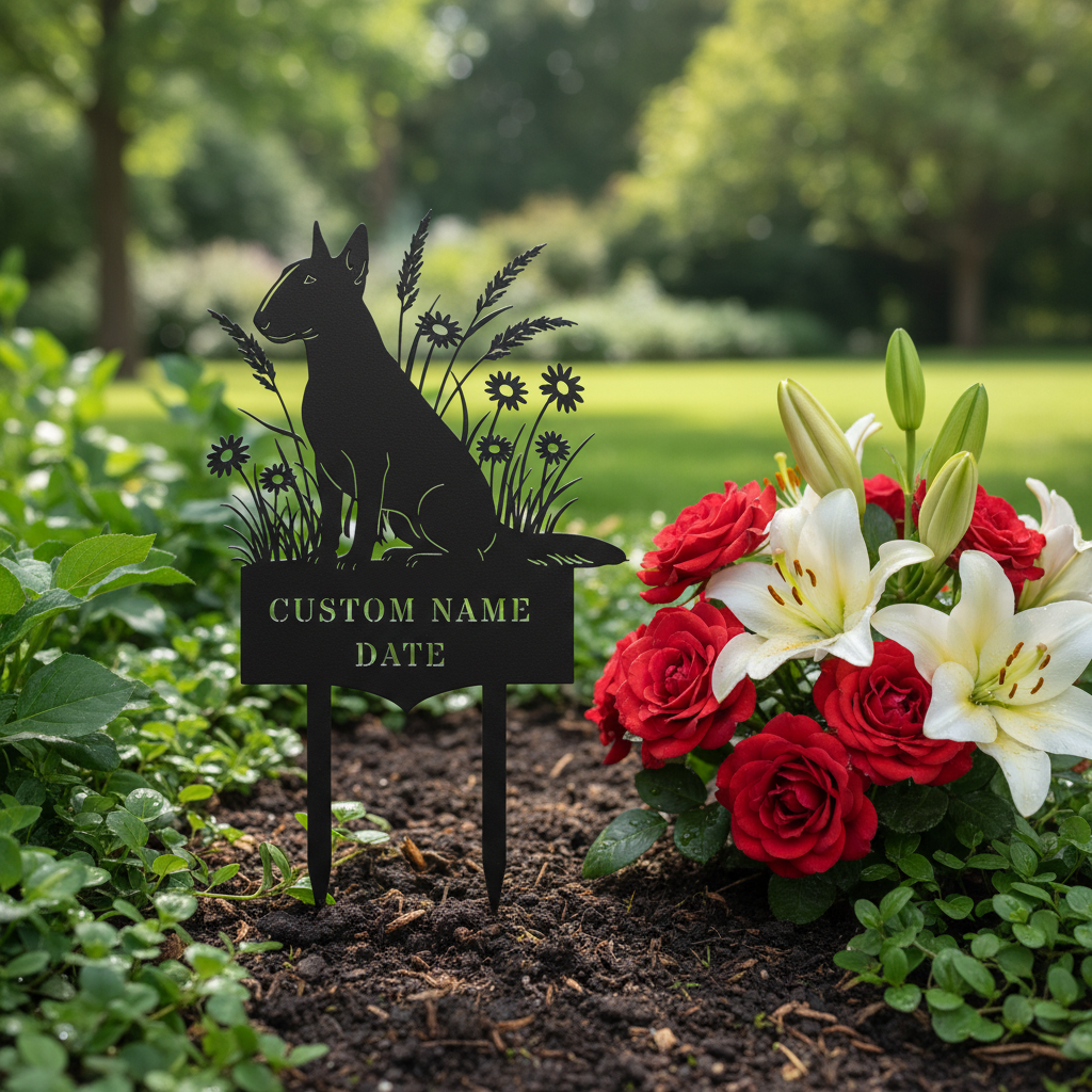 Personalized Bull Terrier memorial garden stake with dog name and dates in black steel – image 7