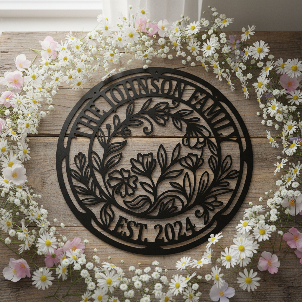 Personalisiertes rundes Familienschild mit Blumenkranz aus schwarzem Stahl – Bild 7