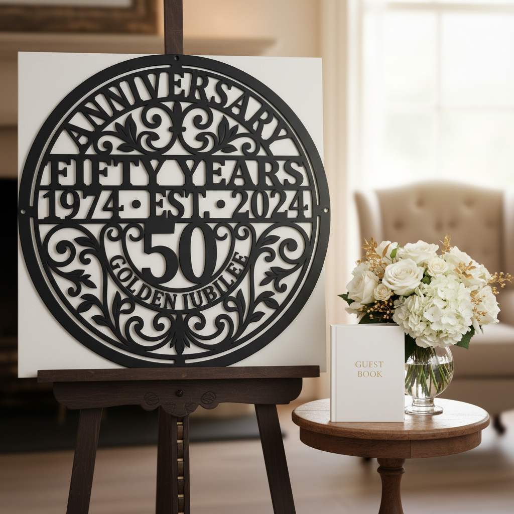 Personalisiertes rundes Metallschild zur Goldenen Hochzeit mit Namen und Datum aus Stahl – Bild 9