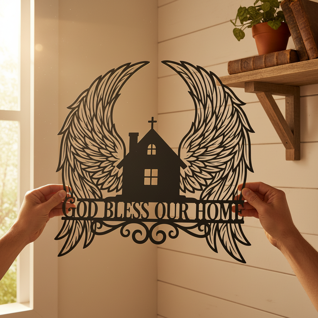 Personalized God Bless Our Home metal sign with angel wings in black steel – image 4