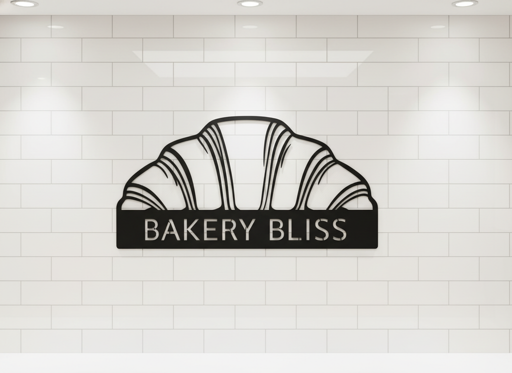 Personalized bakery and café metal sign with croissant and name in black steel – image 5