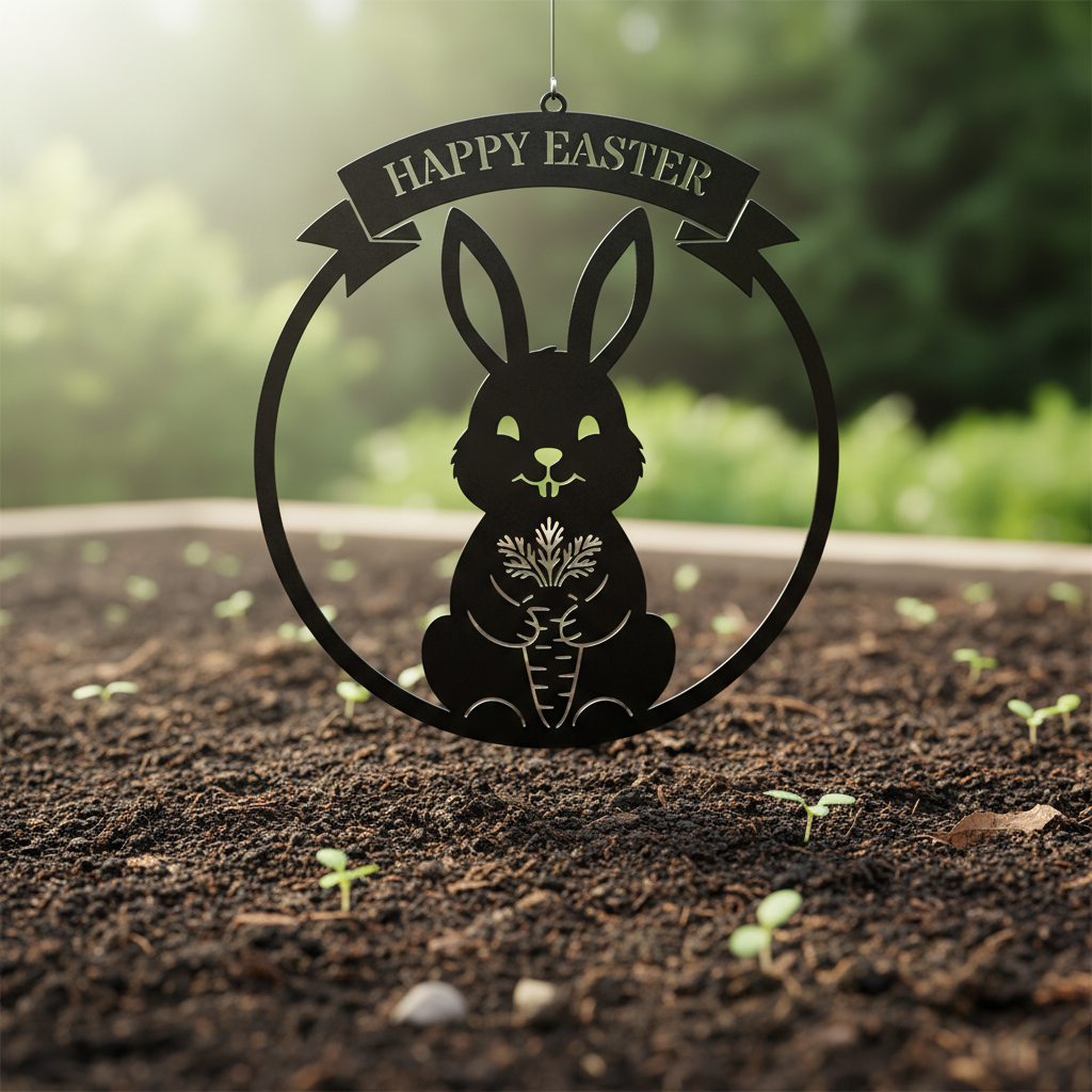 Happy Easter Osterhase mit Karotte rundes Metallschild – Bild 3