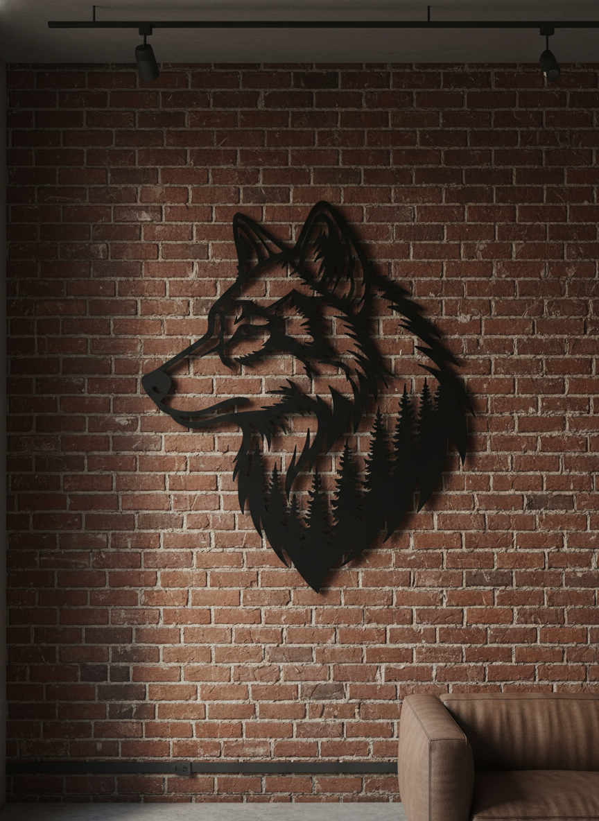 Wolfskopf mit Kiefernwald Metall Wanddeko matt schwarz – Bild 1