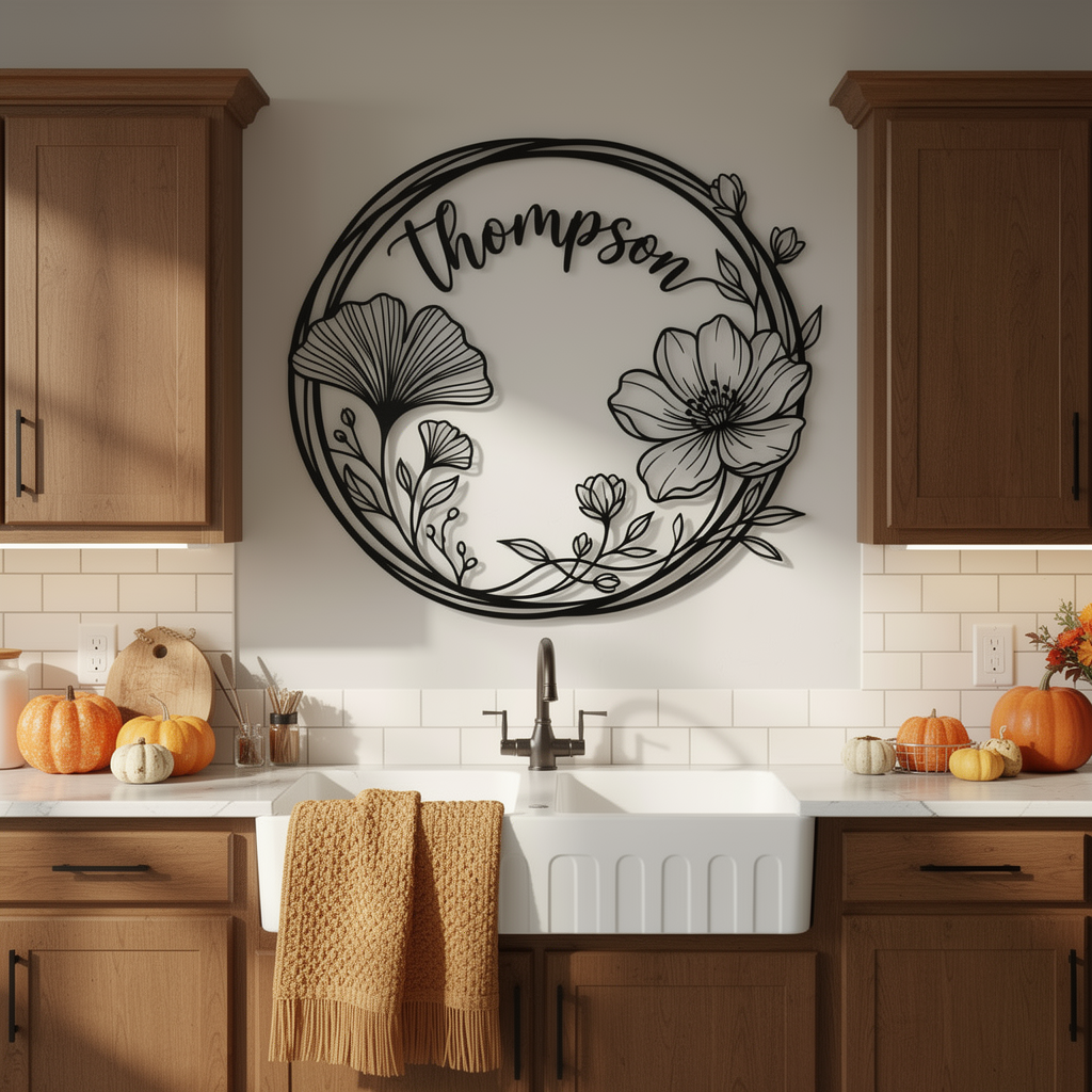 Personalisiertes rundes Familienschild mit Ginkgo- und Mohnblumenkranz aus schwarzem Stahl – Bild 3