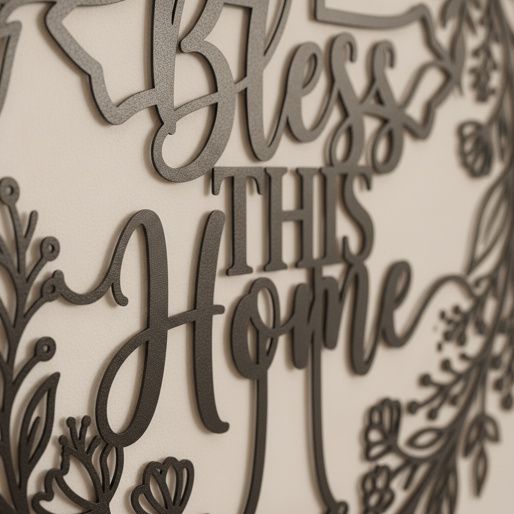 Rundes Haussegen-Metallschild „Bless this Home“ mit Kreuz und Blätterkranz aus schwarzem Stahl – Bild 10