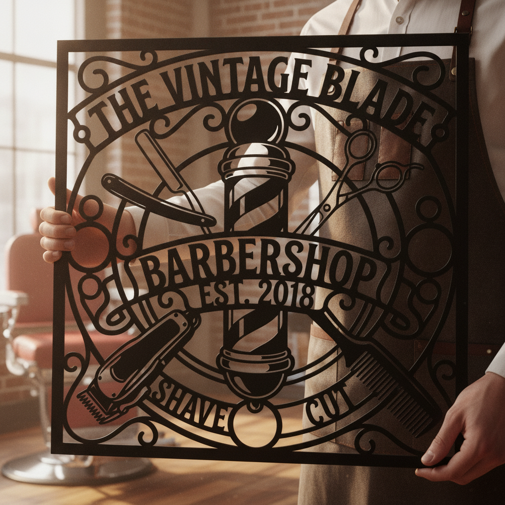 Personalisiertes Barbershop Metallschild quadratisch im Vintage Stil – Bild 4