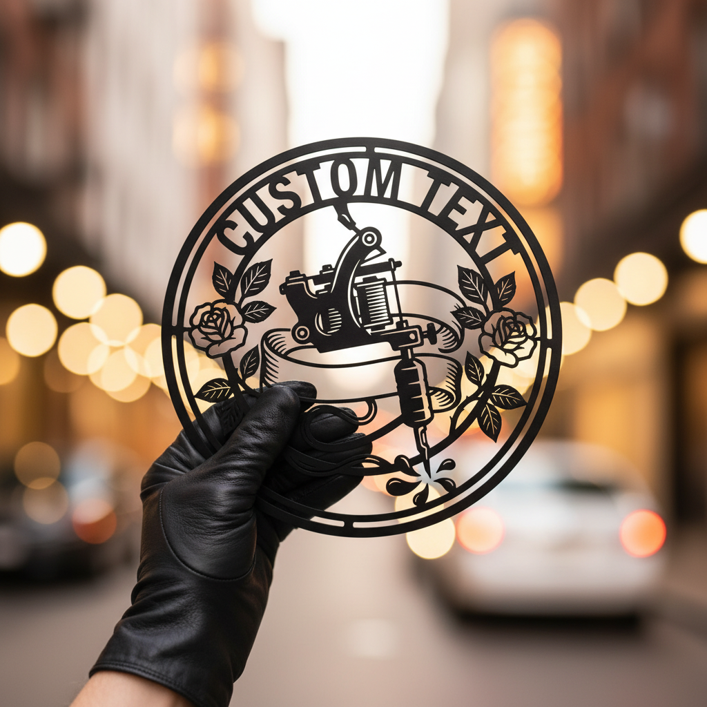 Personalisiertes rundes Tattoostudio Schild mit Tattoomaschine und Rose aus schwarzem Stahl – Bild 7