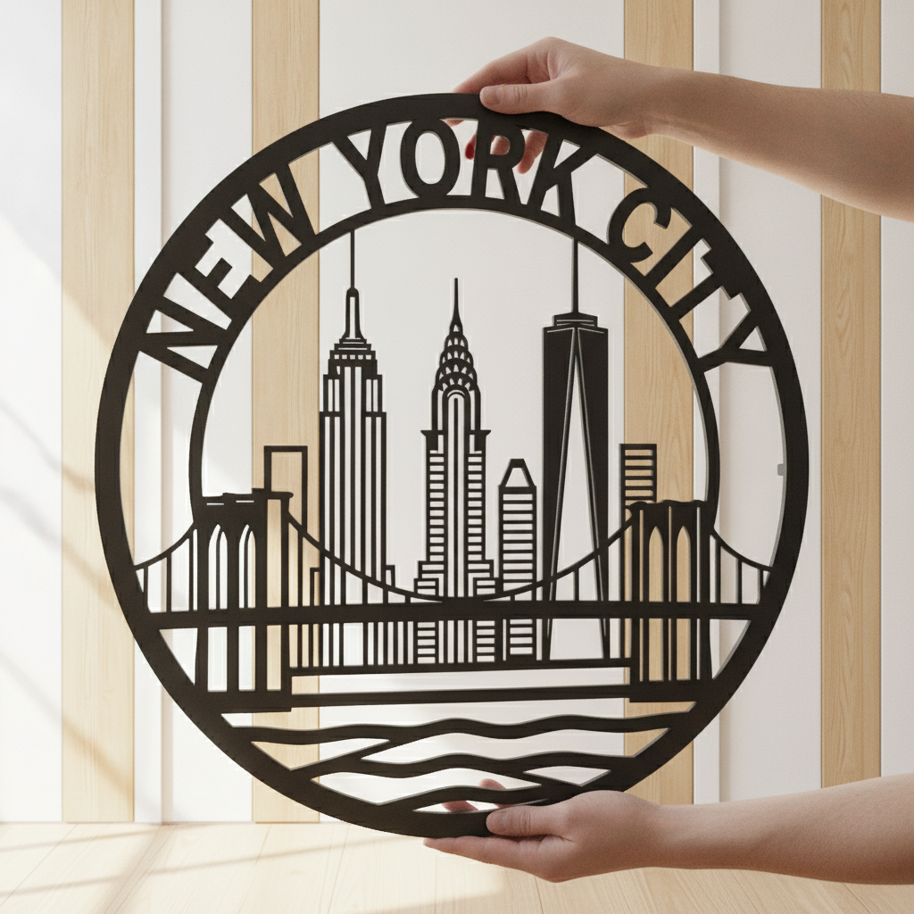 Round New York City skyline metal sign with Manhattan silhouette in black steel – image 3