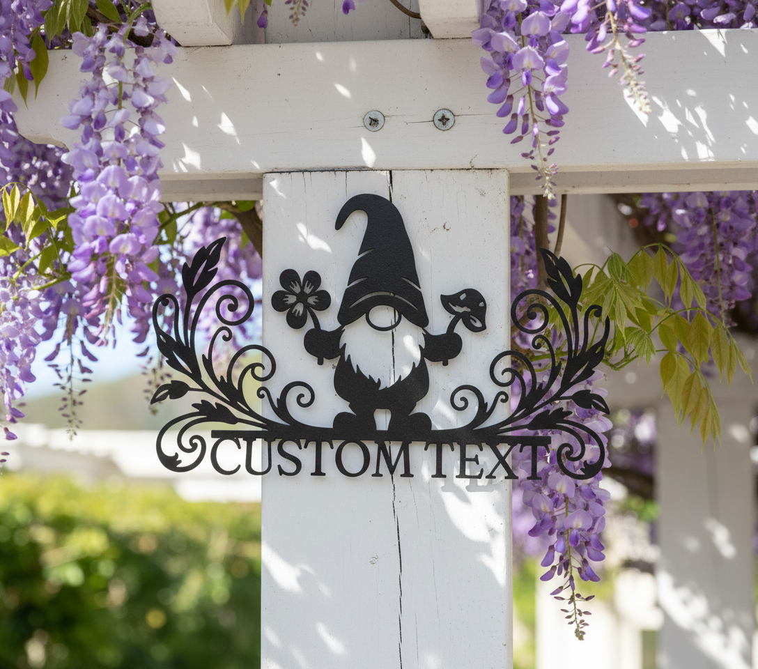 Personalized garden gnome metal sign with flowers, mushroom and name in black steel – image 10