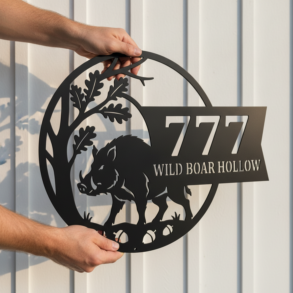 Personalisiertes Wildschwein Eiche Hausnummer rundes Metallschild – Bild 2