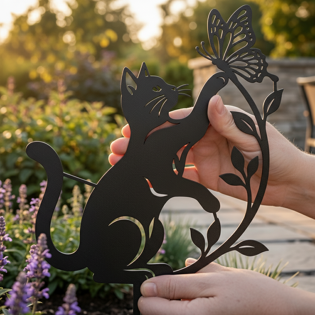 Verspielte Katze mit Schmetterling und Ranken Gartenstecker – Bild 4