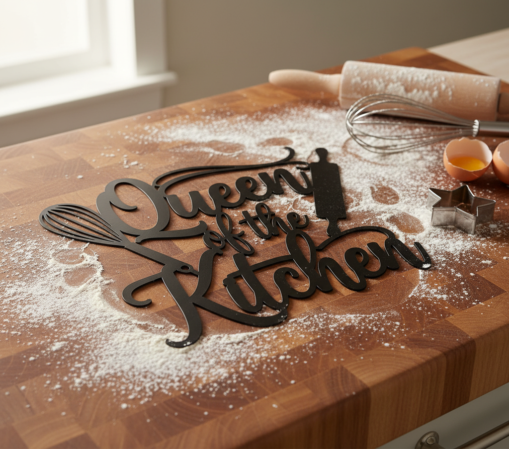 Queen of the Kitchen Metallschild mit Schneebesen und Nudelholz – Bild 4
