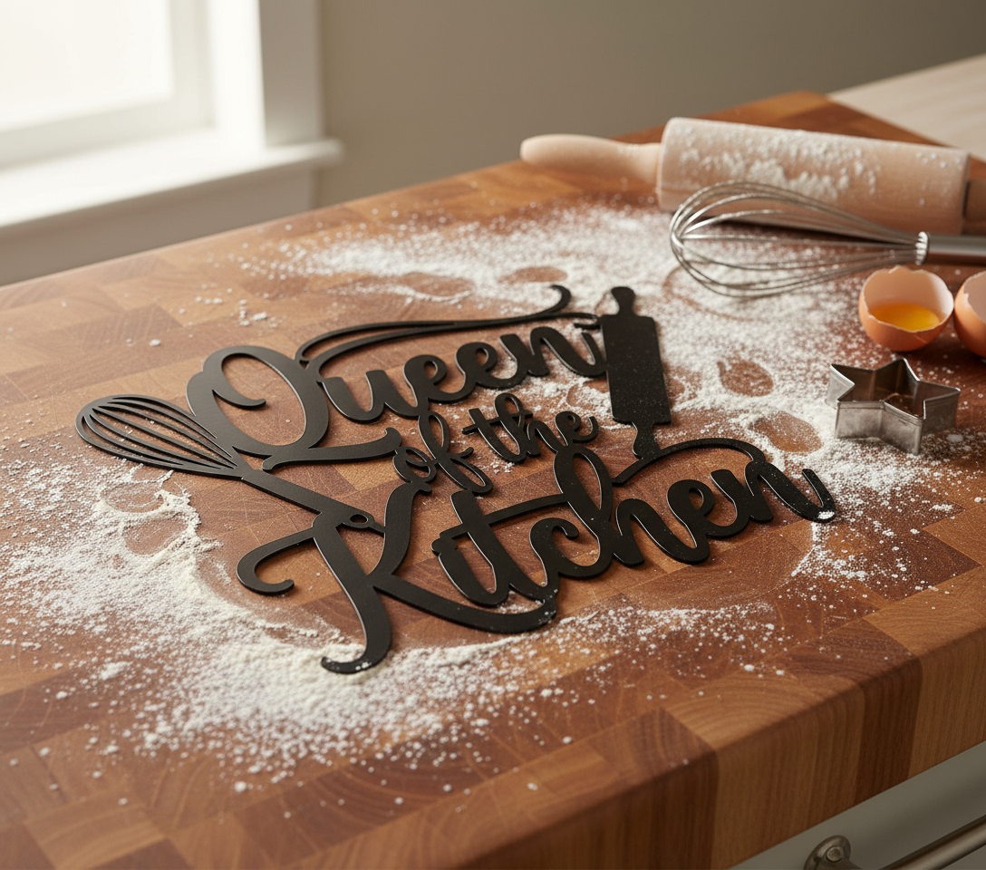 Queen of the Kitchen Metallschild mit Schneebesen und Nudelholz – Bild 4