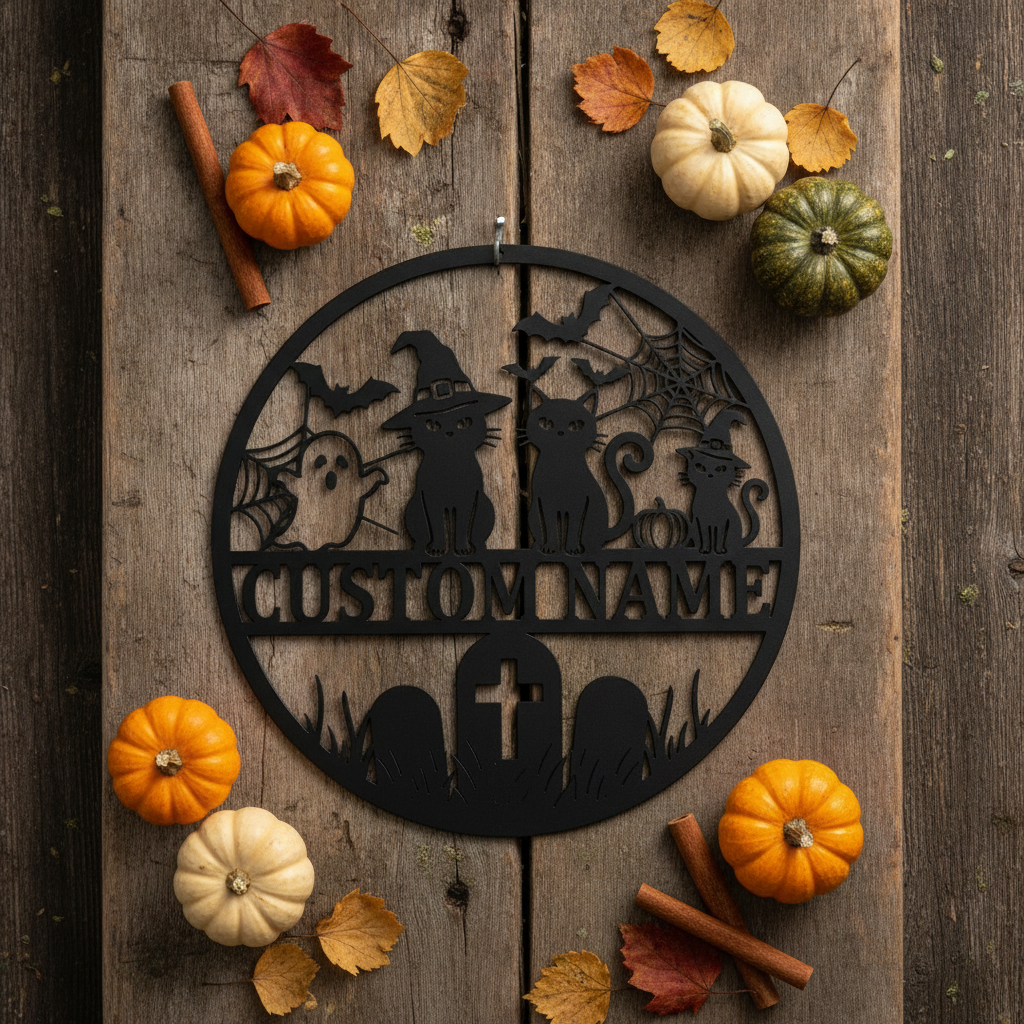 Personalisiertes Halloween Katzenschild mit Namen aus schwarzem Stahl – Bild 9