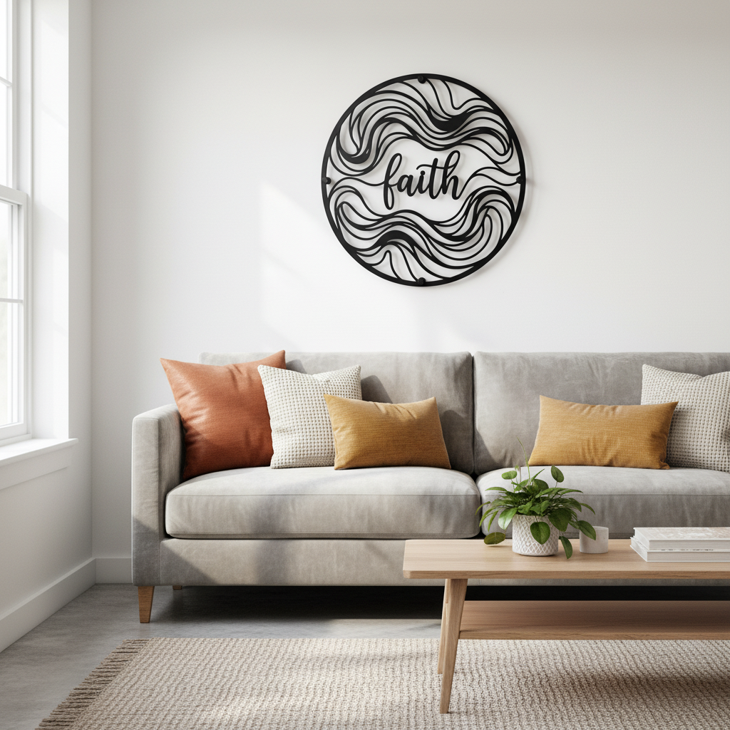 Round Faith metal sign with abstract waves in black steel – image 6