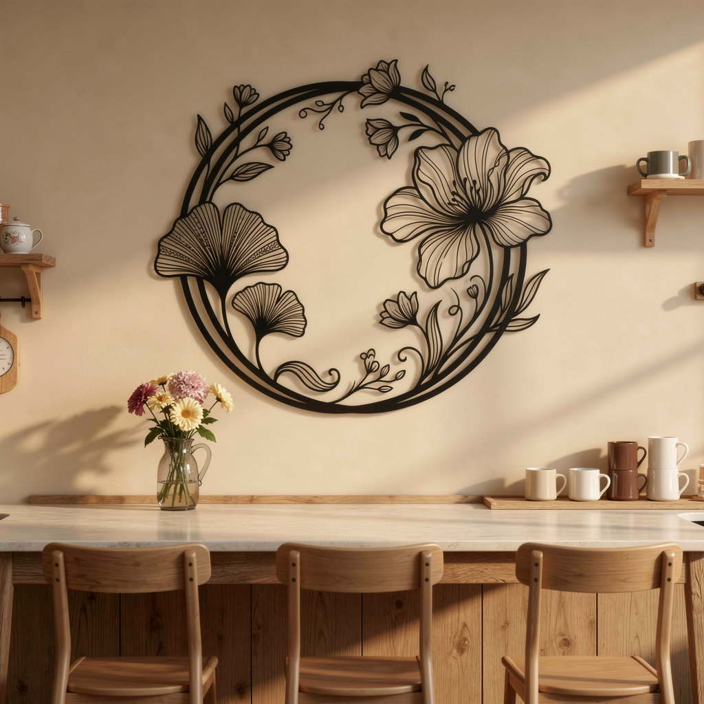 Round ginkgo leaf and flower wreath metal wall art in black steel – image 3