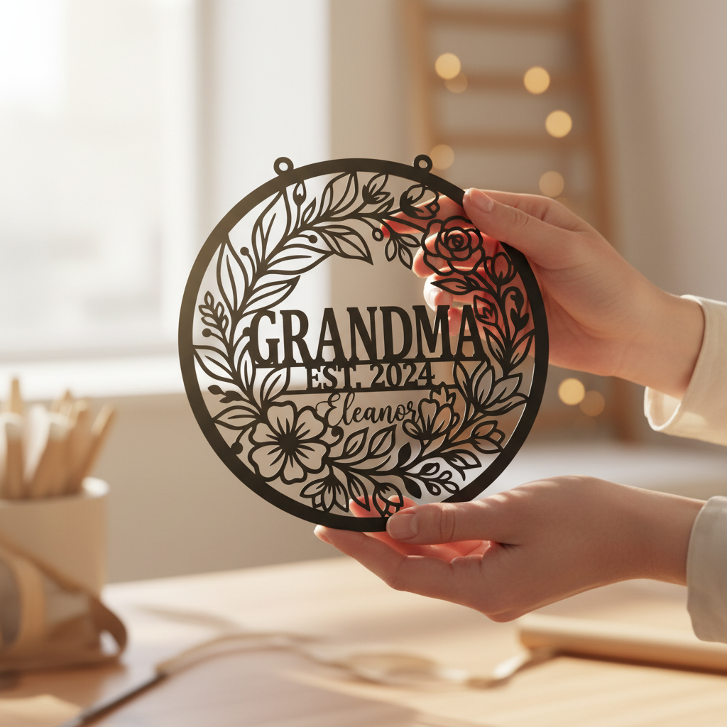 Personalisiertes Oma Metallschild mit Blumenkranz, Namen und Jahr