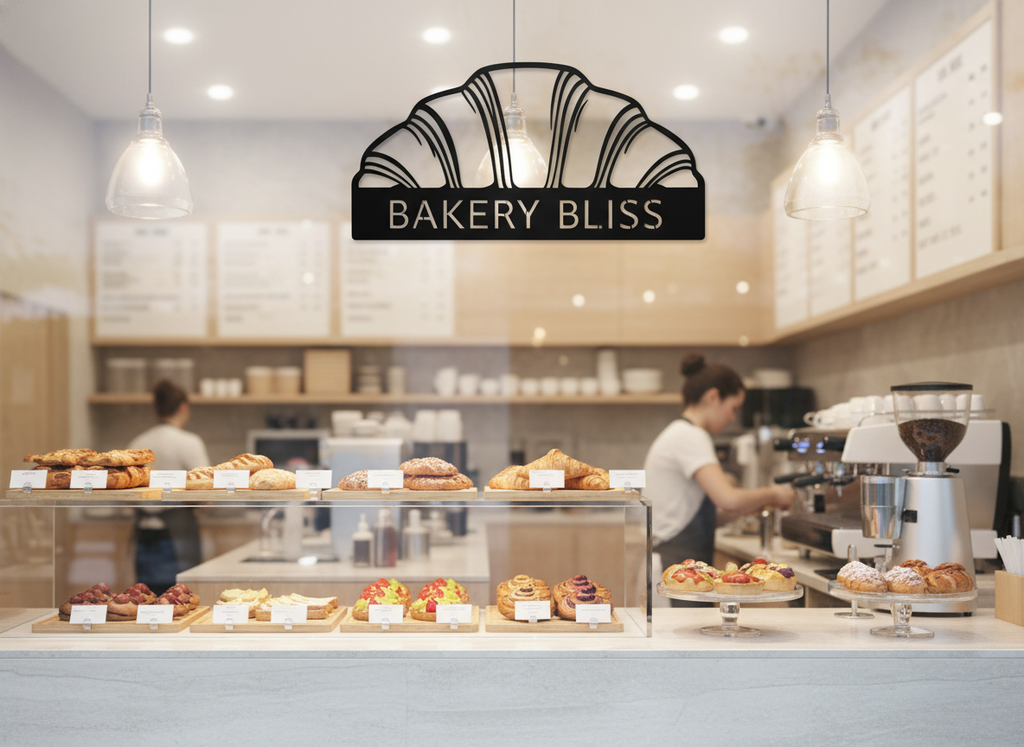 Personalized bakery and café metal sign with croissant and name in black steel – image 2