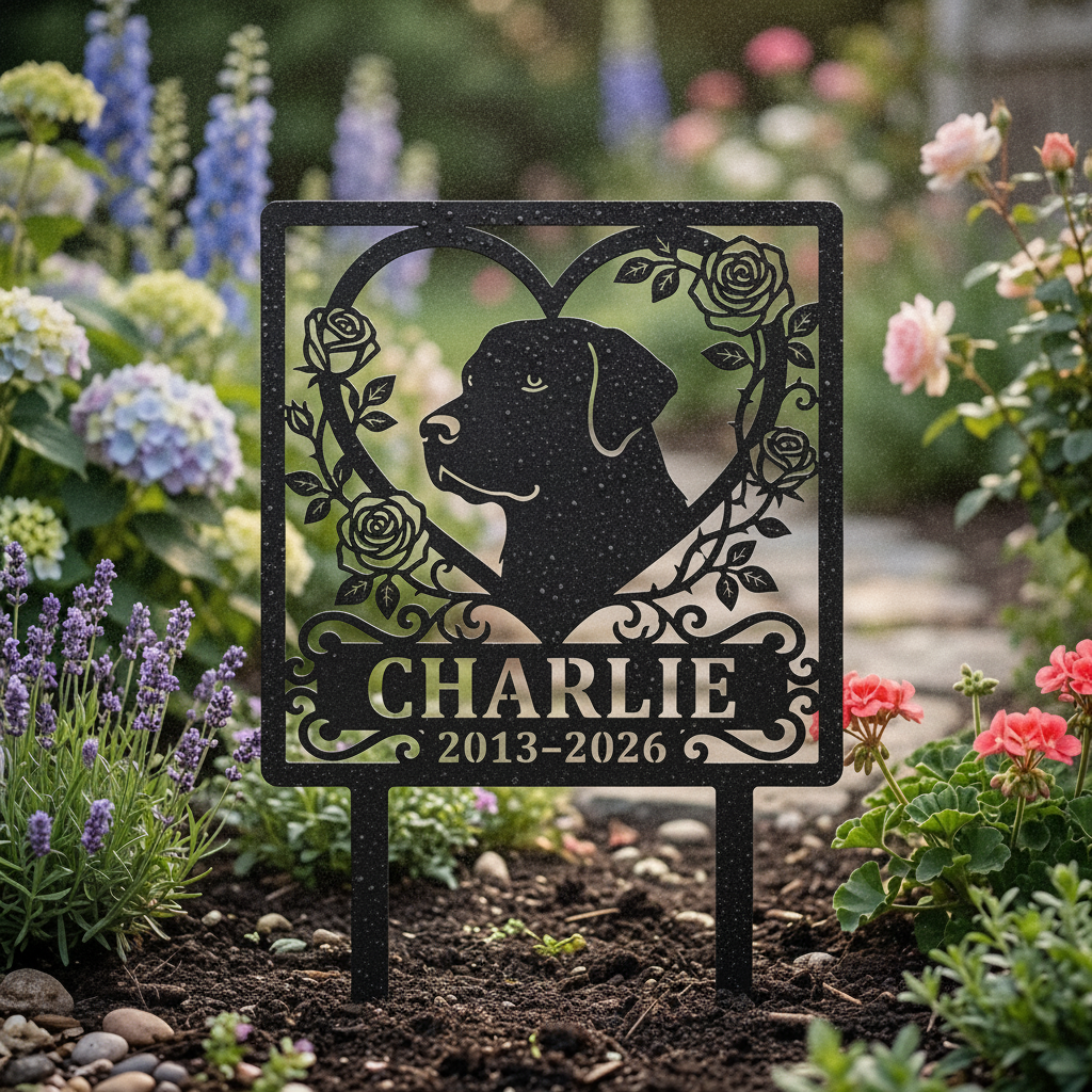 Personalized dog memorial garden stake with name and dates in black steel – image 5